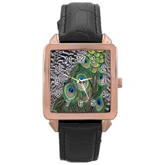 Peacock Bird Feather Colourful Rose Gold Leather Watch 