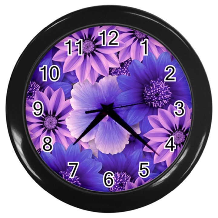 Pattern Floral Flora Flower Flowers Blue Violet Patterns Wall Clock (Black)