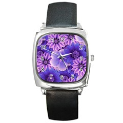 Pattern Floral Flora Flower Flowers Blue Violet Patterns Square Metal Watch