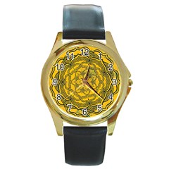 Mandala Vintage Painting Flower Round Gold Metal Watch