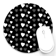 Hearts Snowflakes Black Background Round Mousepad by Jancukart