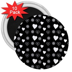 Hearts Snowflakes Black Background 3  Magnets (10 Pack)  by Jancukart