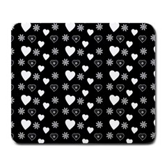 Hearts Snowflakes Black Background Large Mousepad by Jancukart