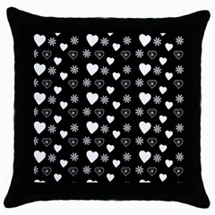 Hearts Snowflakes Black Background Throw Pillow Case (black) by Jancukart