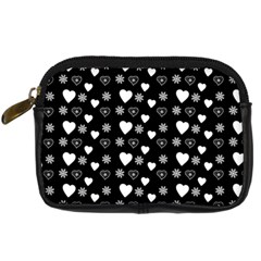 Hearts Snowflakes Black Background Digital Camera Leather Case