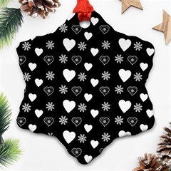 Hearts Snowflakes Black Background Snowflake Ornament (two Sides)