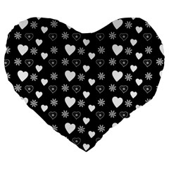 Hearts Snowflakes Black Background Large 19  Premium Flano Heart Shape Cushions by Jancukart