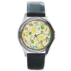 Tropical Leaf Leaves Palm Green Round Metal Watch by Jancukart