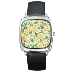 Tropical Leaf Leaves Palm Green Square Metal Watch