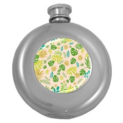 Tropical Leaf Leaves Palm Green Round Hip Flask (5 Oz) by Jancukart