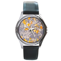 Fabric Floral Background Round Metal Watch