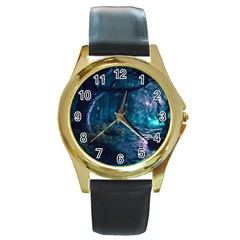 Path Forest Wood Light Night Round Gold Metal Watch