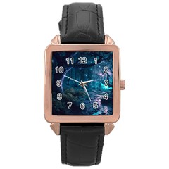 Path Forest Wood Light Night Rose Gold Leather Watch 