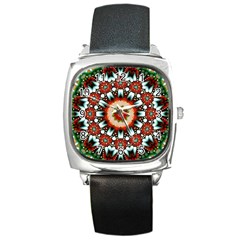 Kaleidoscope Floral Pattern Rosette Square Metal Watch by Jancukart