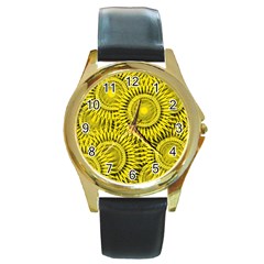 Abstract Sun Pattern Yellow Background Round Gold Metal Watch by Jancukart