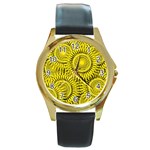 Abstract Sun Pattern Yellow Background Round Gold Metal Watch Front