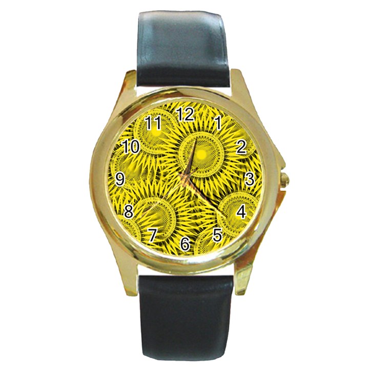 Abstract Sun Pattern Yellow Background Round Gold Metal Watch