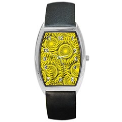 Abstract Sun Pattern Yellow Background Barrel Style Metal Watch