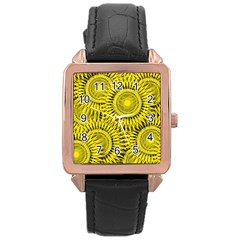 Abstract Sun Pattern Yellow Background Rose Gold Leather Watch 