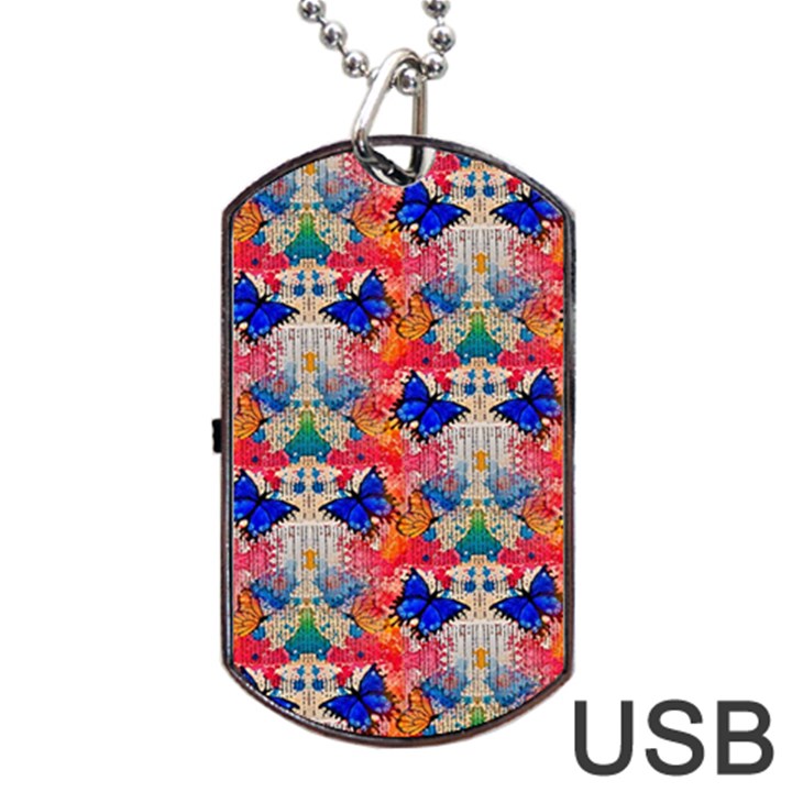 Butterflies Blue Pattern Girly Dog Tag USB Flash (Two Sides)