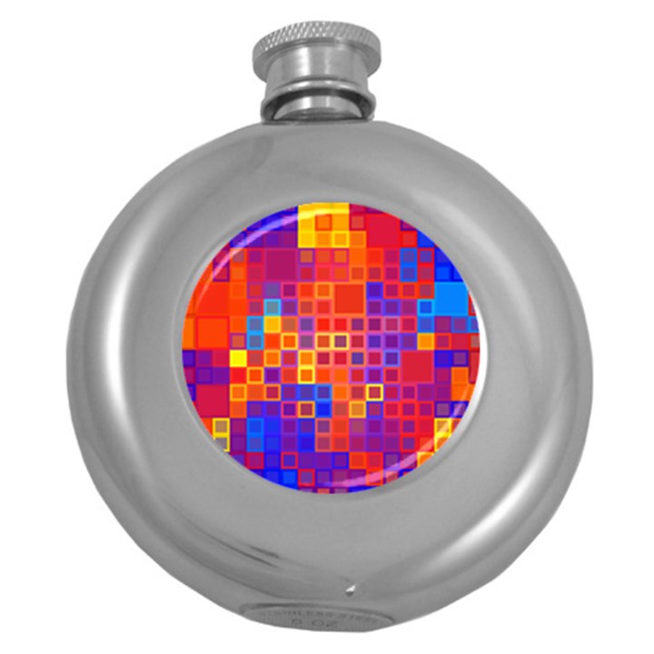 Squares Geometric Colorful Fluorescent Round Hip Flask (5 oz)