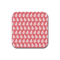 Coral And White Lady Bug Pattern Rubber Coaster (square) by GardenOfOphir