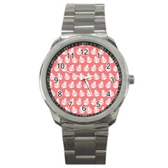 Coral And White Lady Bug Pattern Sport Metal Watch by GardenOfOphir