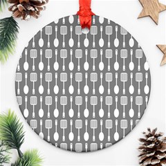 Gray And White Kitchen Utensils Pattern Round Ornament (two Sides) by GardenOfOphir