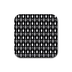 Black And White Spatula Spoon Pattern Rubber Coaster (square) by GardenOfOphir