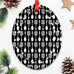 Black And White Spatula Spoon Pattern Ornament (Oval Filigree)