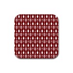 Red And White Kitchen Utensils Pattern Rubber Square Coaster (4 pack) Front