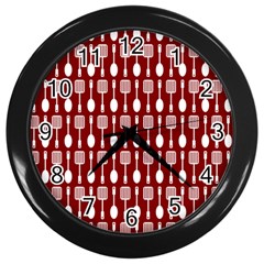 Red And White Kitchen Utensils Pattern Wall Clock (black) by GardenOfOphir