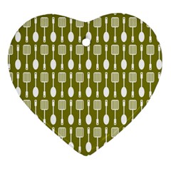 Olive Green Spatula Spoon Pattern Heart Ornament (two Sides) by GardenOfOphir