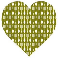 Olive Green Spatula Spoon Pattern Wooden Puzzle Heart by GardenOfOphir