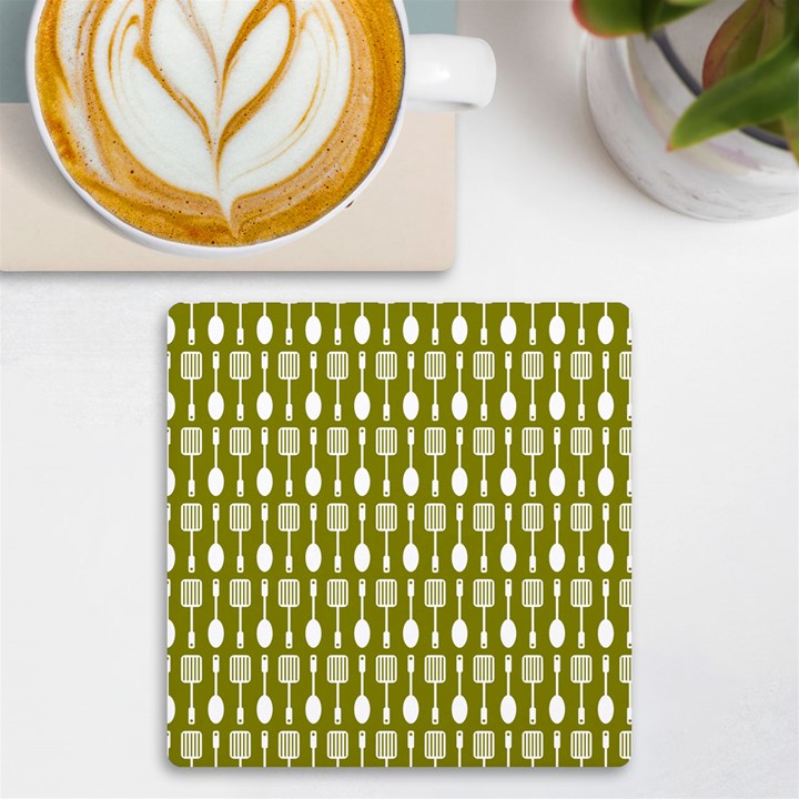 Olive Green Spatula Spoon Pattern UV Print Square Tile Coaster 