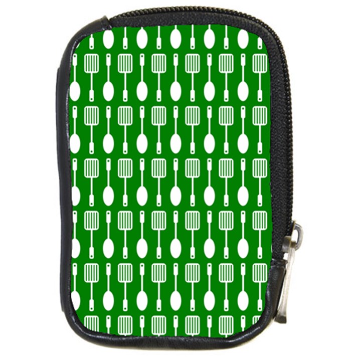 Green And White Kitchen Utensils Pattern Compact Camera Leather Case