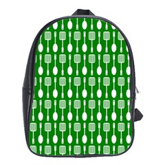 Green And White Kitchen Utensils Pattern School Bag (large) by GardenOfOphir