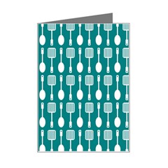 Teal And White Spatula Spoon Pattern Mini Greeting Card by GardenOfOphir