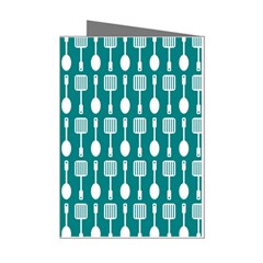 Teal And White Spatula Spoon Pattern Mini Greeting Cards (pkg Of 8) by GardenOfOphir