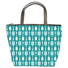 Teal And White Spatula Spoon Pattern Bucket Bag by GardenOfOphir