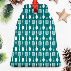 Teal And White Spatula Spoon Pattern Bell Ornament (two Sides)