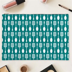 Teal And White Spatula Spoon Pattern Cosmetic Bag (xxl) by GardenOfOphir