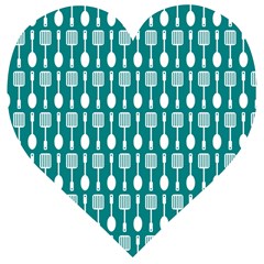 Teal And White Spatula Spoon Pattern Wooden Puzzle Heart by GardenOfOphir