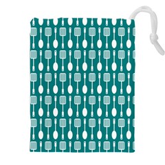 Teal And White Spatula Spoon Pattern Drawstring Pouch (4xl) by GardenOfOphir