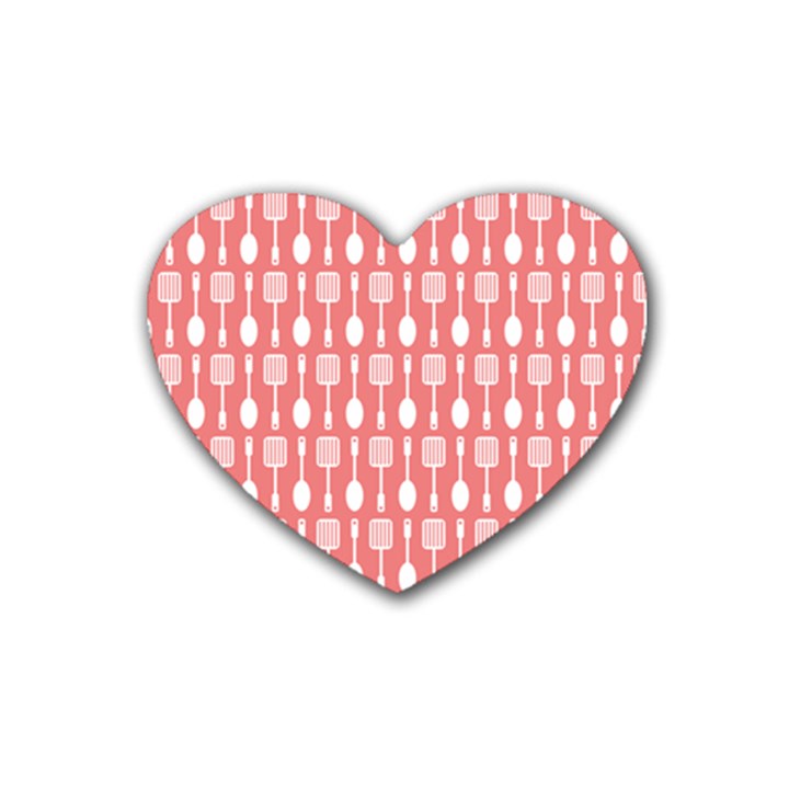 Coral And White Kitchen Utensils Pattern Rubber Heart Coaster (4 pack)