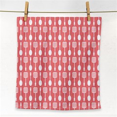 Coral And White Kitchen Utensils Pattern Face Towel by GardenOfOphir