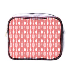 Coral And White Kitchen Utensils Pattern Mini Toiletries Bag (one Side) by GardenOfOphir