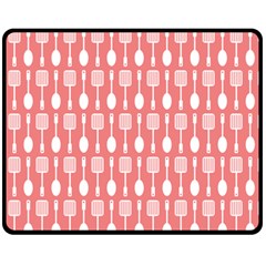 Coral And White Kitchen Utensils Pattern Fleece Blanket (medium) by GardenOfOphir