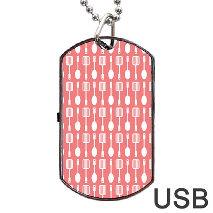 Coral And White Kitchen Utensils Pattern Dog Tag USB Flash (One Side)