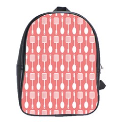 Coral And White Kitchen Utensils Pattern School Bag (xl) by GardenOfOphir